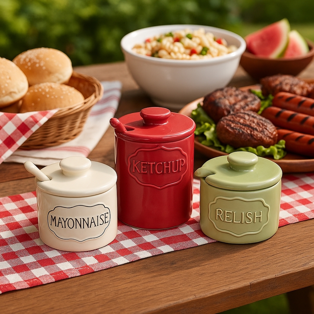 Pottery Barn BBQ Ceramic Condiment Jar Set – Ketchup, Mayonnaise & Relish